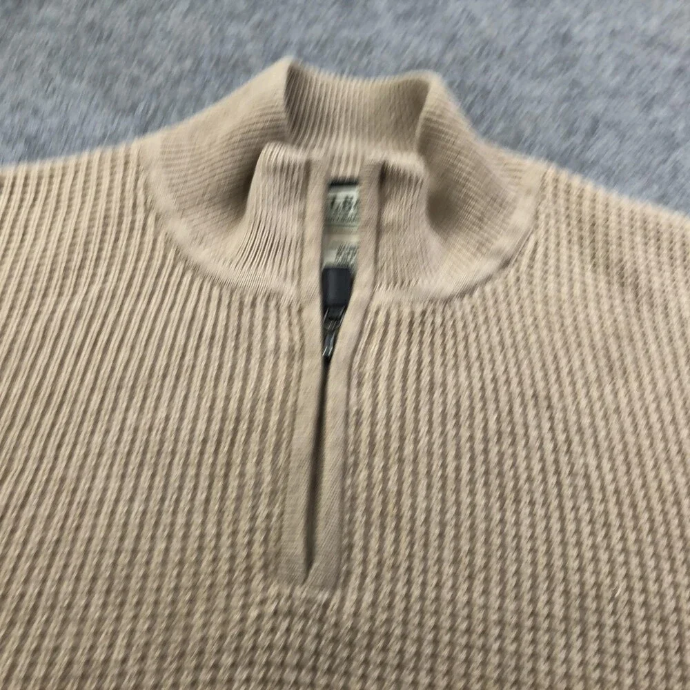 L.L. Bean Sweater Mens XL Beige 1/4 Zip Mock Neck Cashmere Waffle Knit Pullover